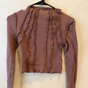 Urban Outfitters Women BDG Mock Neck Sunray Seamed Pullover Crop Top Sz S Brown